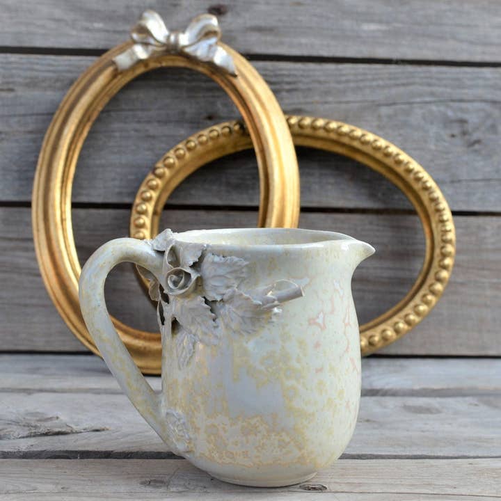 Cream-colored "Alice in Wonderland" milk jug / creamer with roses - IN PRODUCTION - stoneware for wholesale by L'Officina