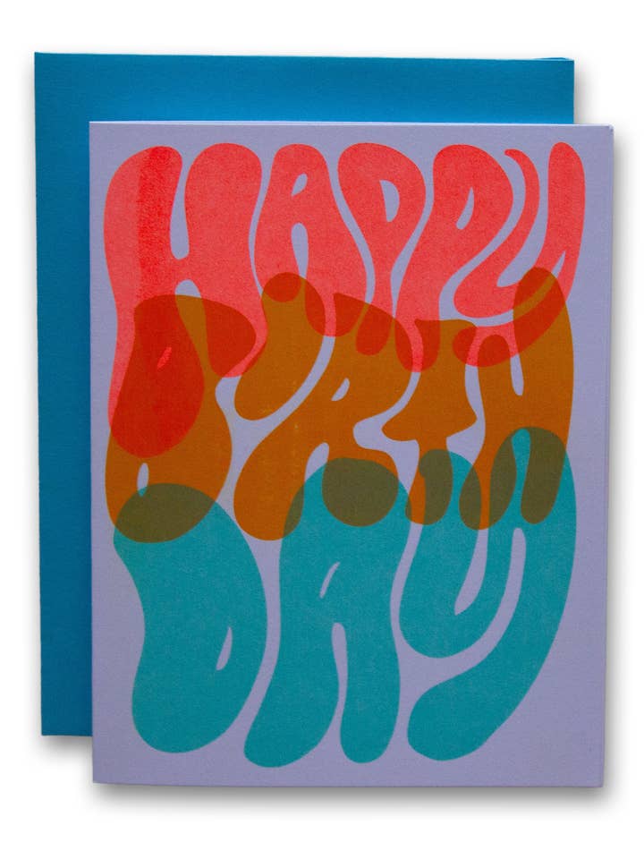 Wavy Overlay Risograph Happy Birthday Card for wholesale by Ladyfingers Letterpress