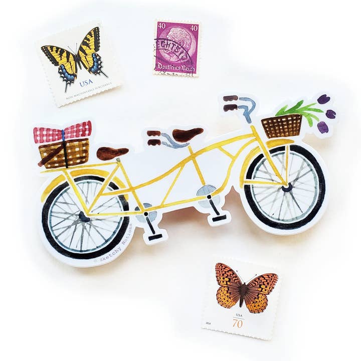 Pegatina Bicicleta Tandem Amarillo - Ilustración Acuarela para venta al por mayor de Sketchy Notions