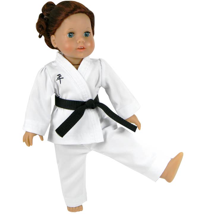 18" Doll - White Karate Uniform with Purple & Black Belts for wholesale on Faire