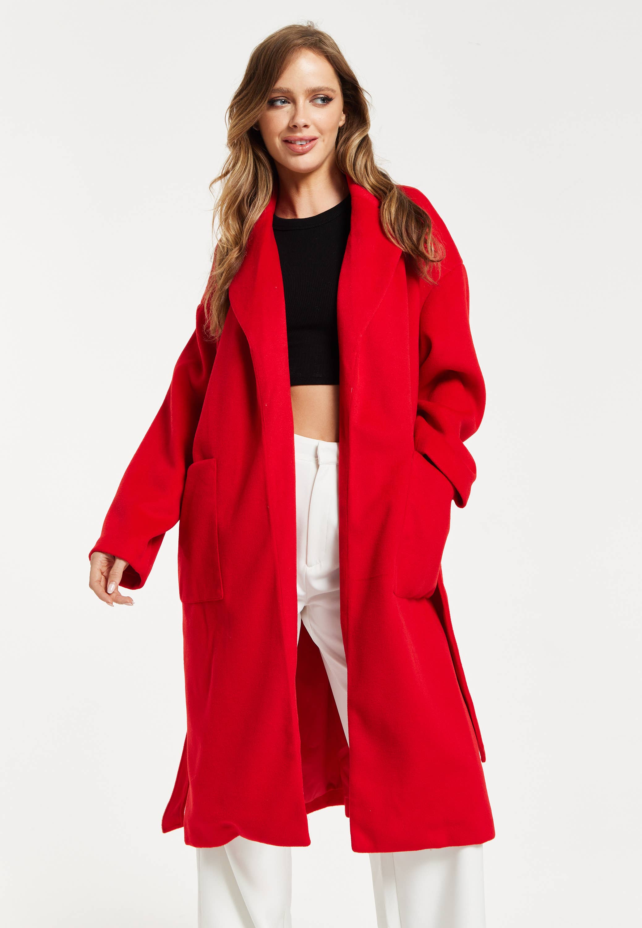 Liquorish Belted Longline Coat In Red for wholesale on Faire2