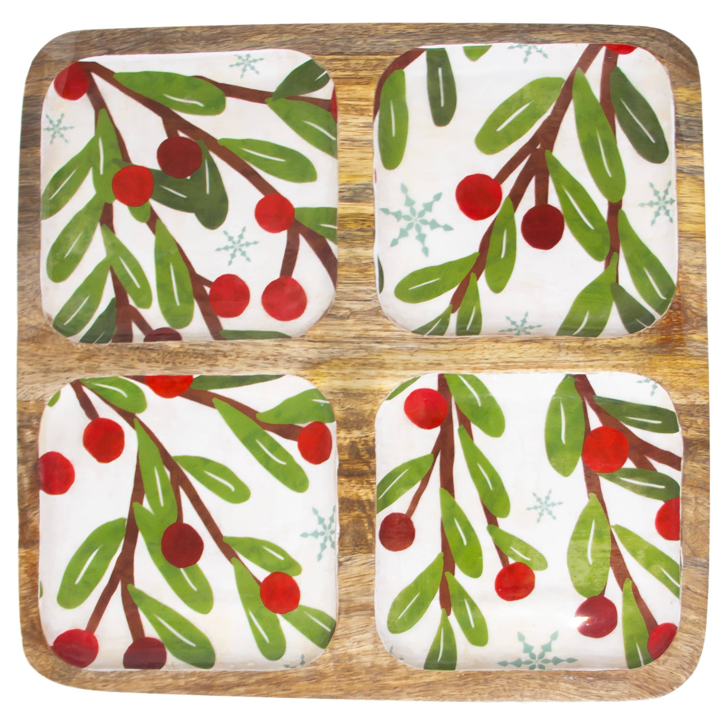 Boston International - Wholesale Decorative Tray - 12" Long Winter Berry 4 Sectioned Mango Wood Tray0