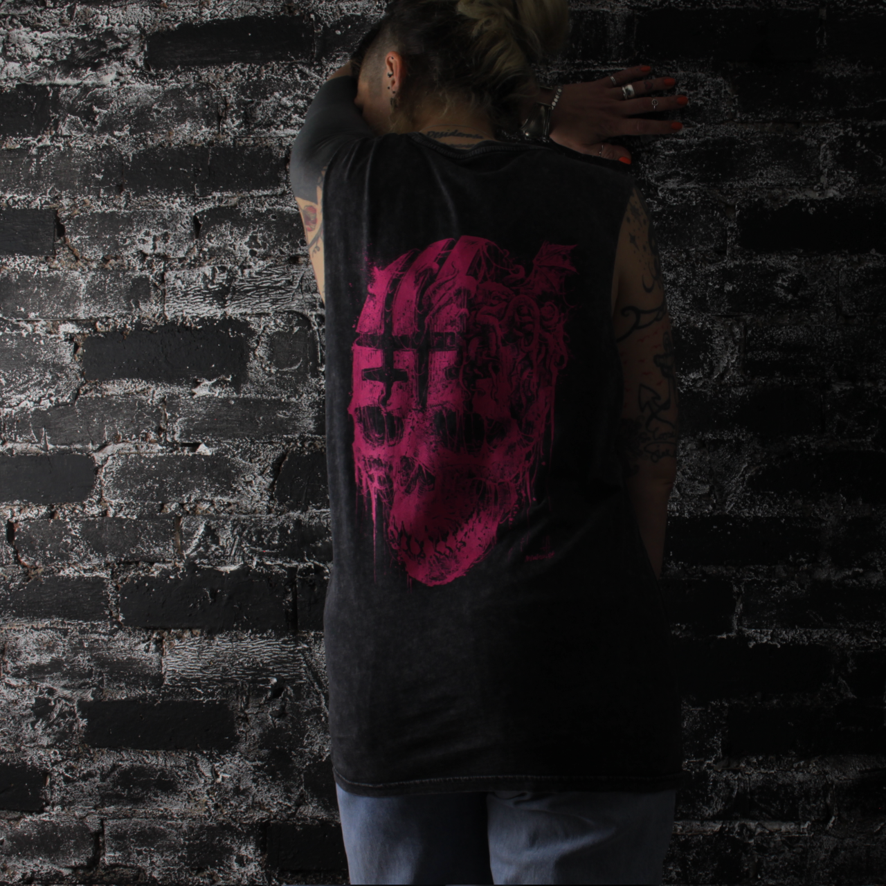 Godmachine - Wholesale Tanktop - Dames - Where Is My Mind Big Pink Skull Stonewash spiervest, uniseks2