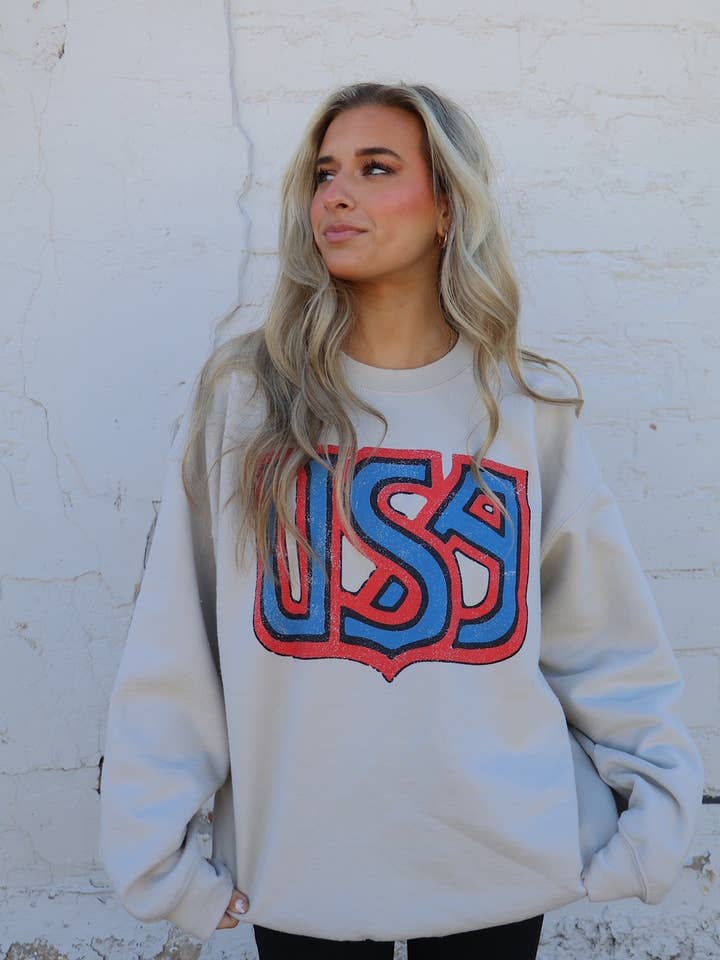 4th of July USA Monogram Sand Thrifted Graphic Sweatshirt for wholesale by LivyLu