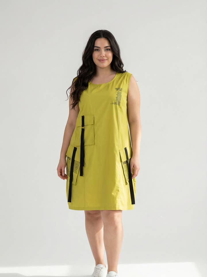 Gul kjole i stor størrelse, urban stil (C6573) for engroshandel hos Pomme Rouge Paris