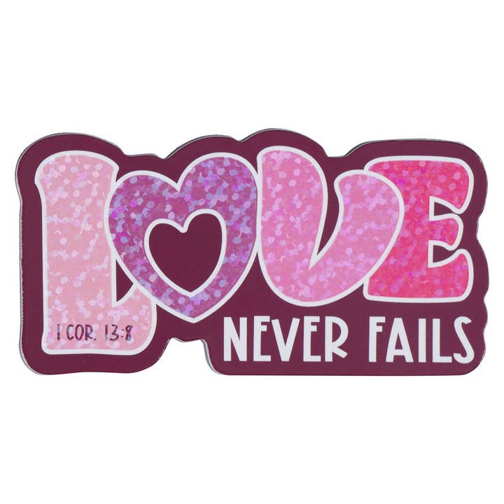 Christian Art Gifts - Wholesale Magnet - Magnet Pink/Purple Love Never Fails 1 Cor. 13:8