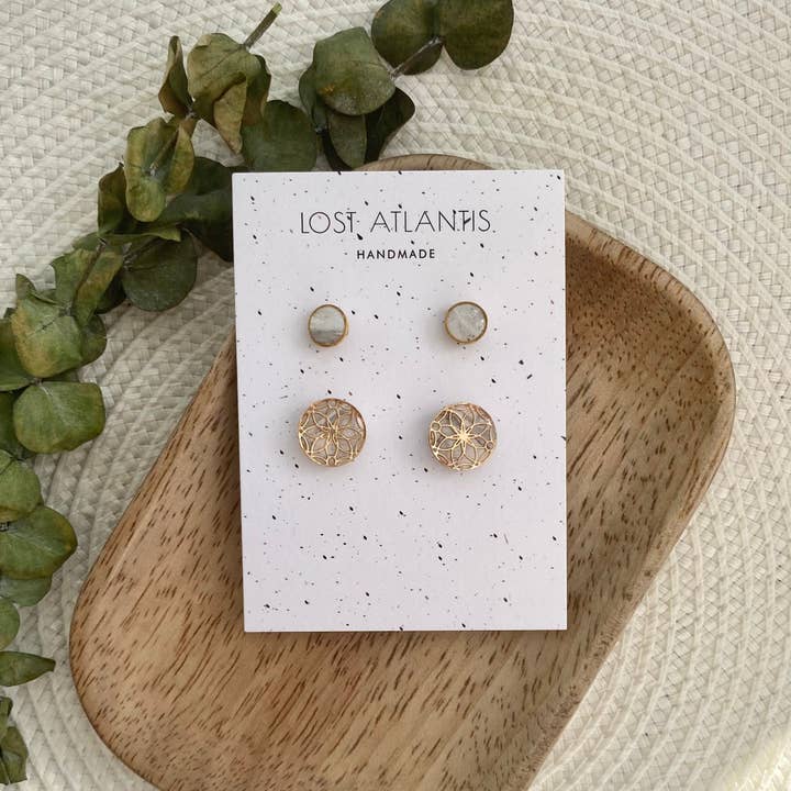 Moroccan Inspired Clay Earrings Set - White, Pearl and Gold for wholesale by Lost Atlantis