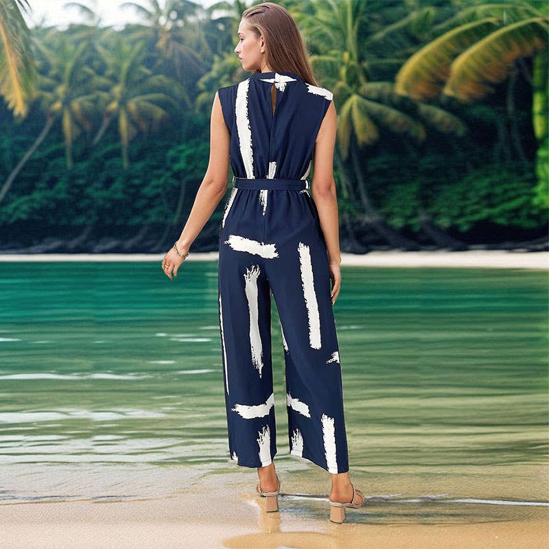 NAVY sleeveless printed jumpsuit for wholesale on Faire2