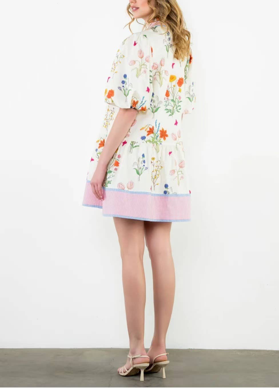 white Marbella Bohemia Floral puff sleeve relaxed midi dress for wholesale on Faire7