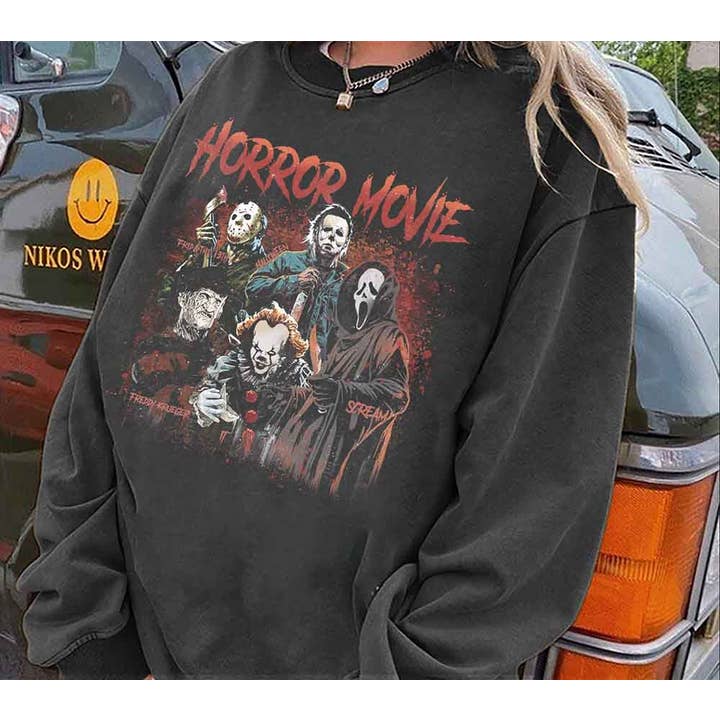 Black Retro Horror Movie Shirt, Halloween Horror Shirt for wholesale on Faire