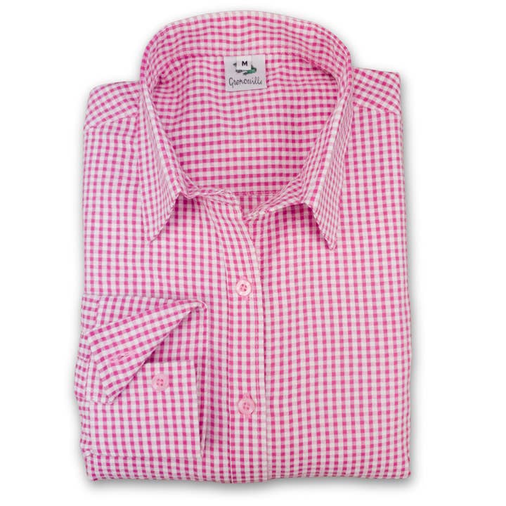Grenouille Klassisches Langarmhemd mit Gingham-Seersucker-Muster in Rosa für den Großhandel von Salamander Shirts Ltd