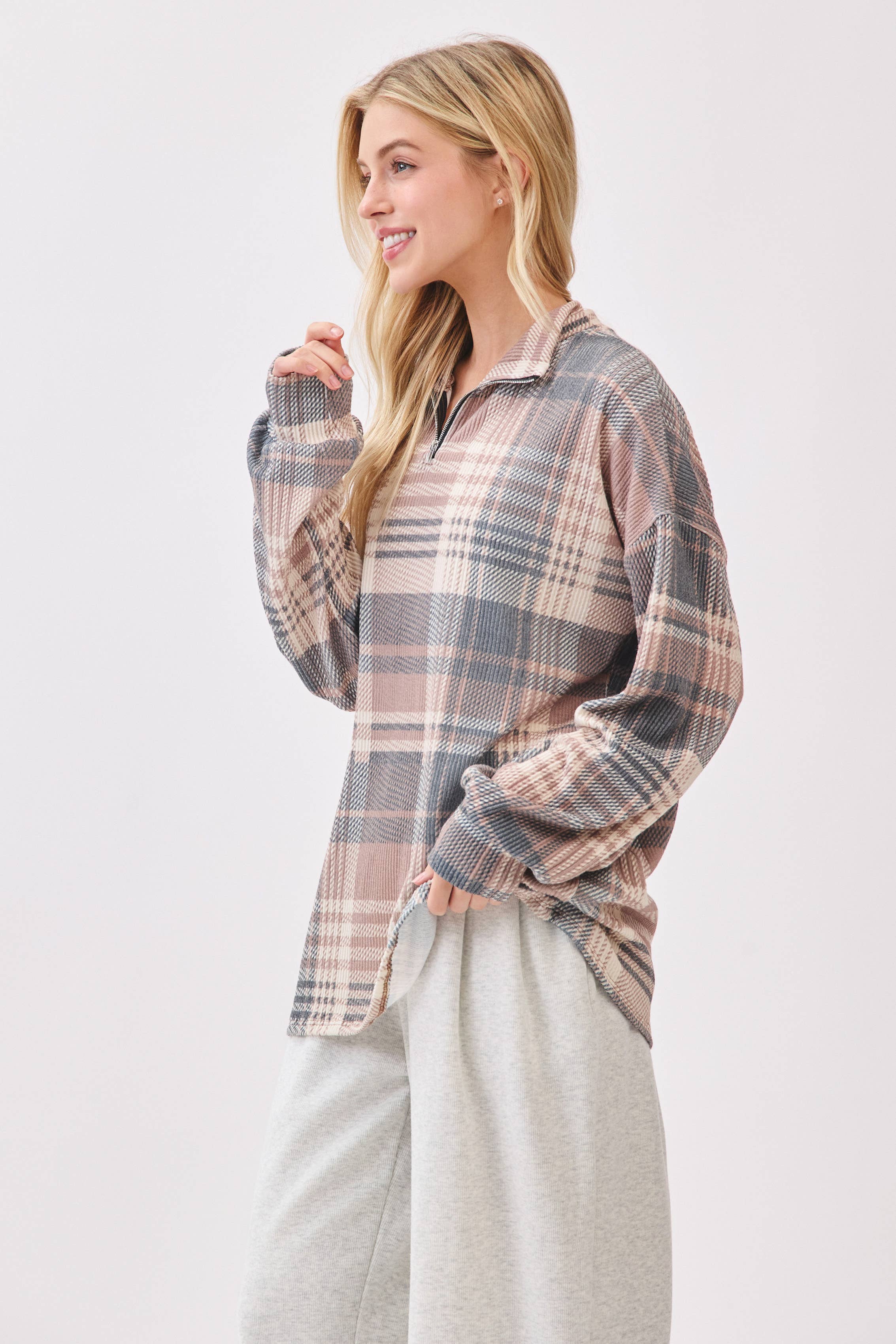 As shown TL2091 Plaid Quarter-Zip Pullover  for wholesale on Faire2