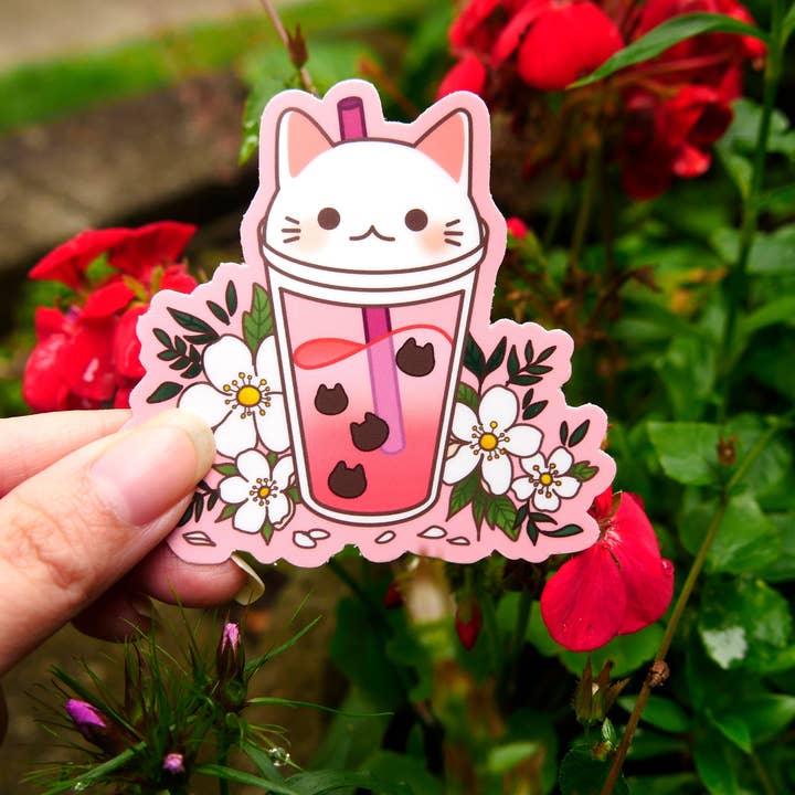 Meg-chan Doodles - Vente Autocollant - Autocollant pour thé à bulles | Joli autocollant en forme de chat | Thé au lait1