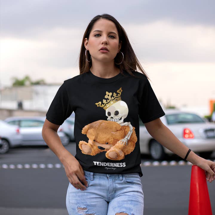 Paapaiii - Vendita all'ingrosso Maglietta serigrafata - Donna - T-shirt in cotone bianche e nere con teschio e orso