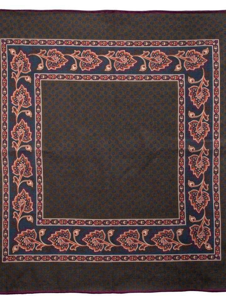 Vintage katoenen pochet bruin met patroon paars roze zalm vuilwit POCV1073 voor wholesale door Graffeo Cravatte