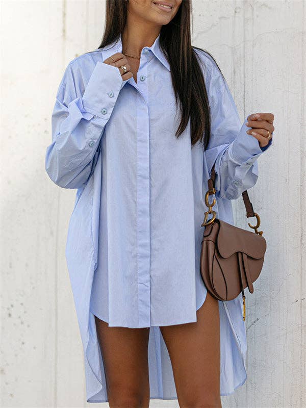 Plush Looks - Wholesale Button Down Shirt - Women's - Urban Long Sleeves High-Low Solid Color Lapel Collar Blouses