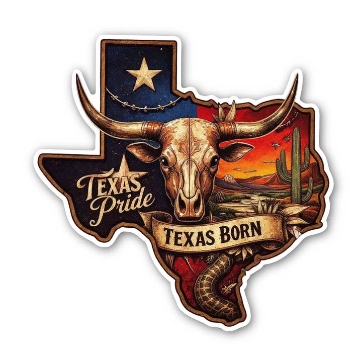Texas State Sticker | Vintage Longhorn | Texas Born for wholesale by PiggyPrintStickers