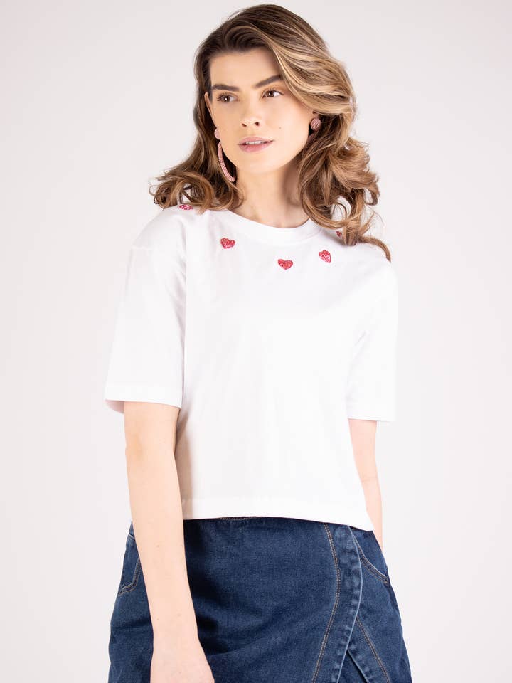 I Heart You Beaded Cropped White T-shirt for wholesale by Arara