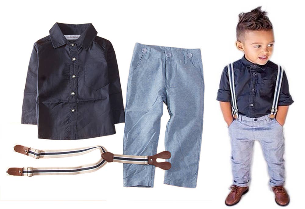 Wholesale Blue Little Boy Button Down Shirt, Suspender Straps & Pants