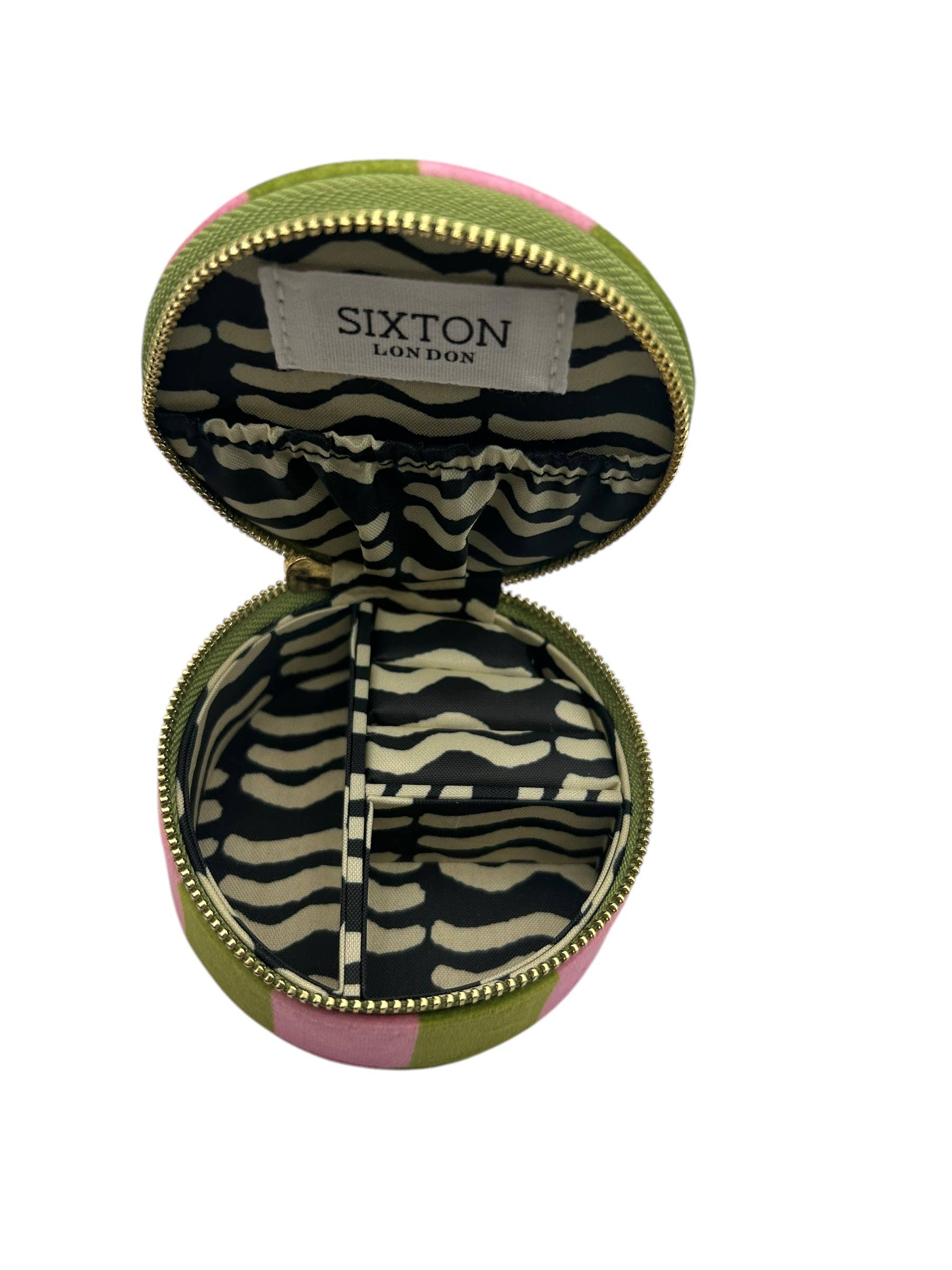 Sixton London – wholesale Jewellery box/organiser – Jewellery Travel Pot in chartreuse stripe - Palm Tree brooch2