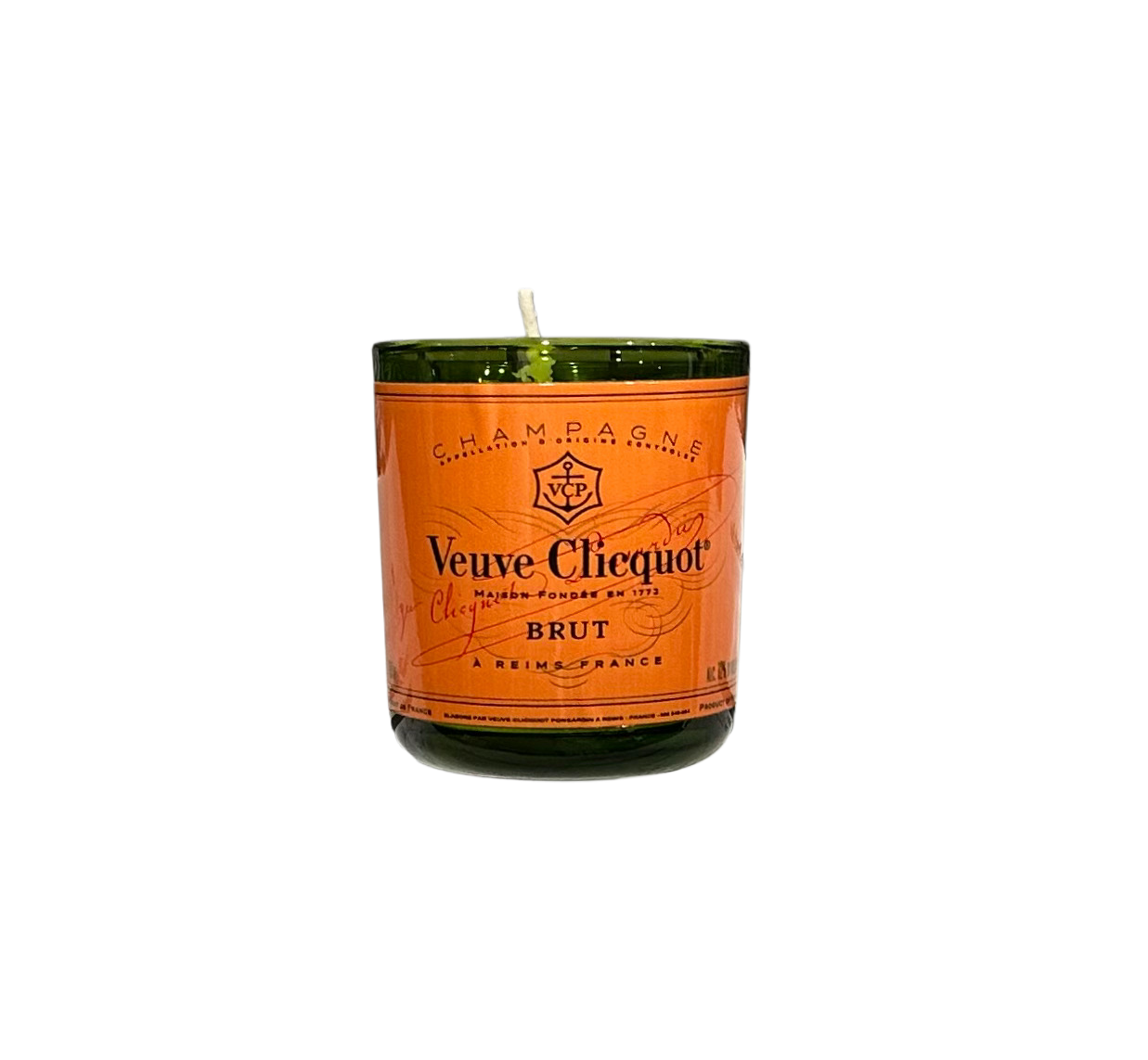 Brut Candela votiva in vetro verde con etichetta champagne in vendita all'ingrosso su Faire1