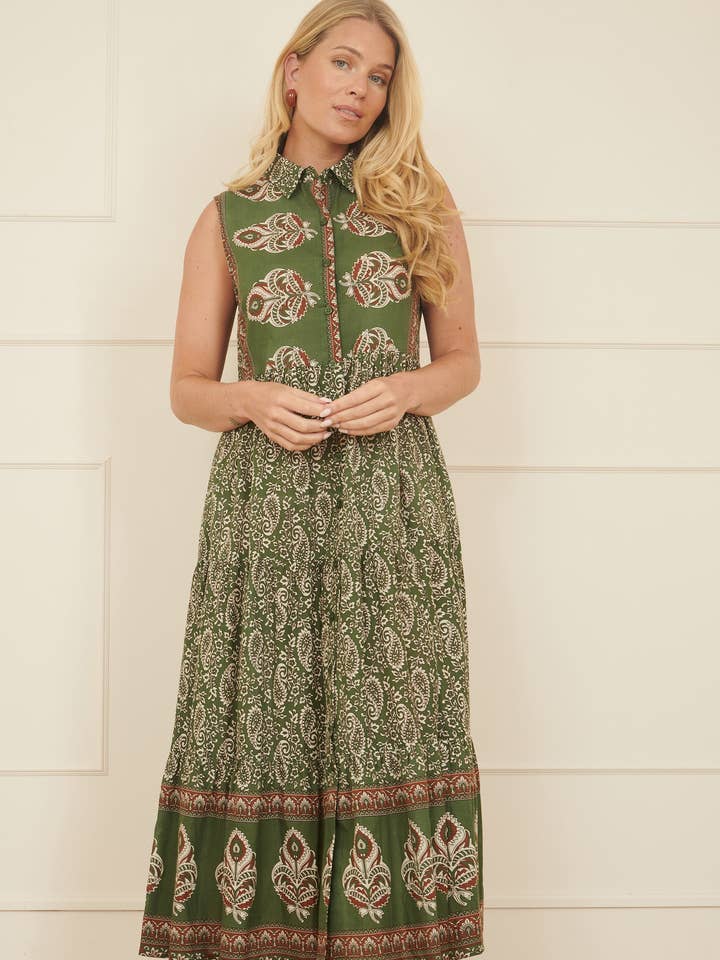 Yumi Green Cotton Paisley Midi Sleeveless Shirt Dress for wholesale by Yumi