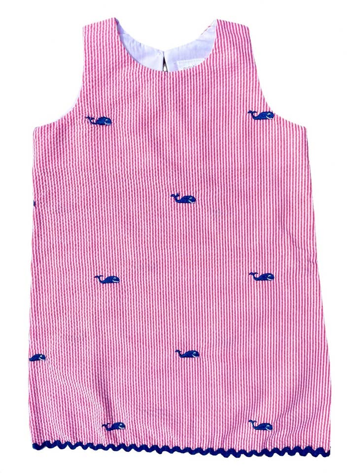 Abito Seersucker rosso con balene ricamate per la vendita all'ingrosso da parte di Piping Prints