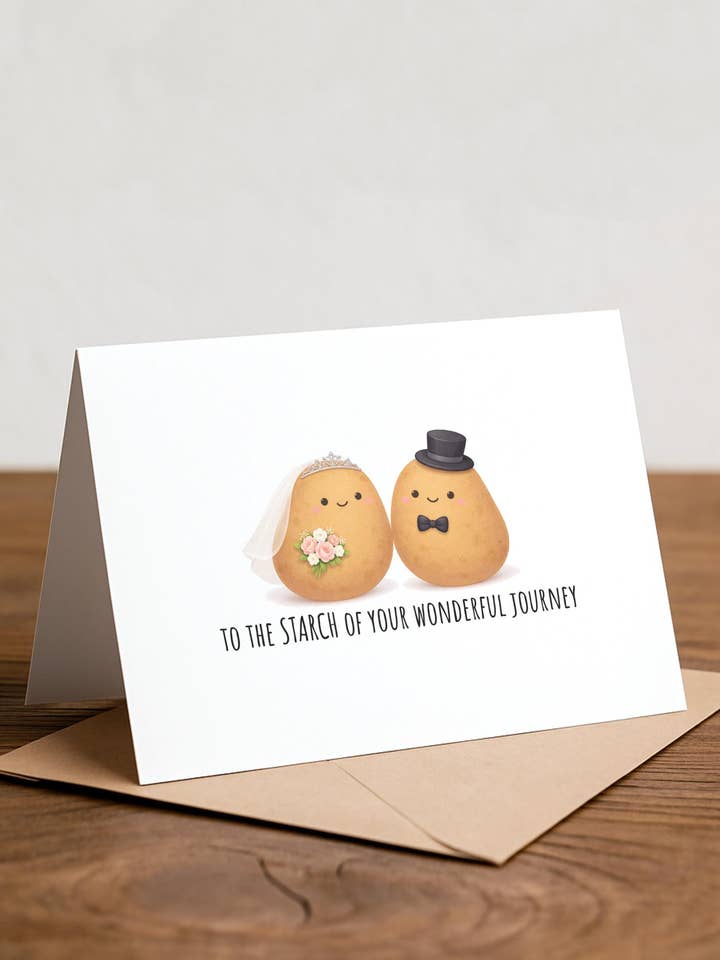 Potatisbröllopskort: Roligt ordvits brudfesthälsning för wholesale av Chewy Lemon Studio