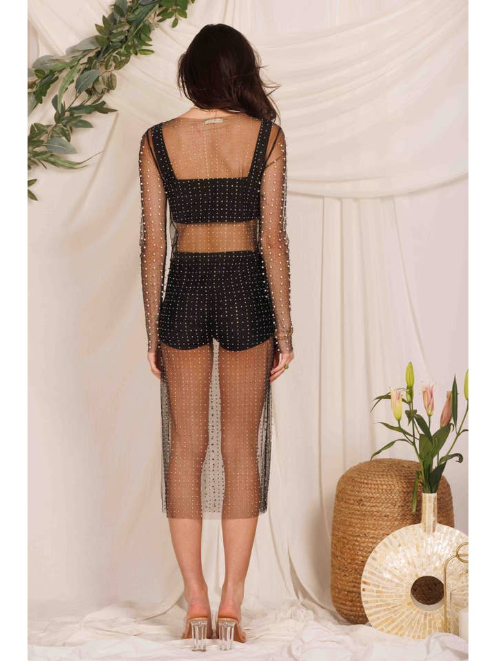 Endless Blu - Wholesale Dress - Women's - SD3189 Pearl Rhinestone Embellished Long Sleeve Mesh Dress