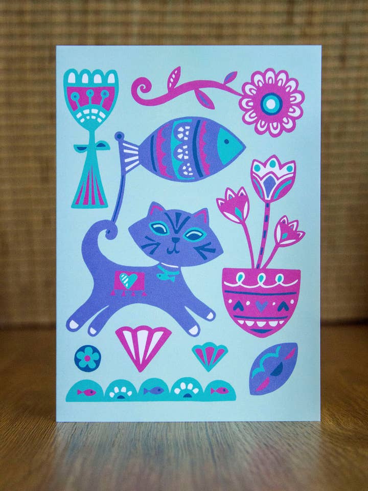 Carte de vœux rétro pour chaton pour la vente par Lunar Apple