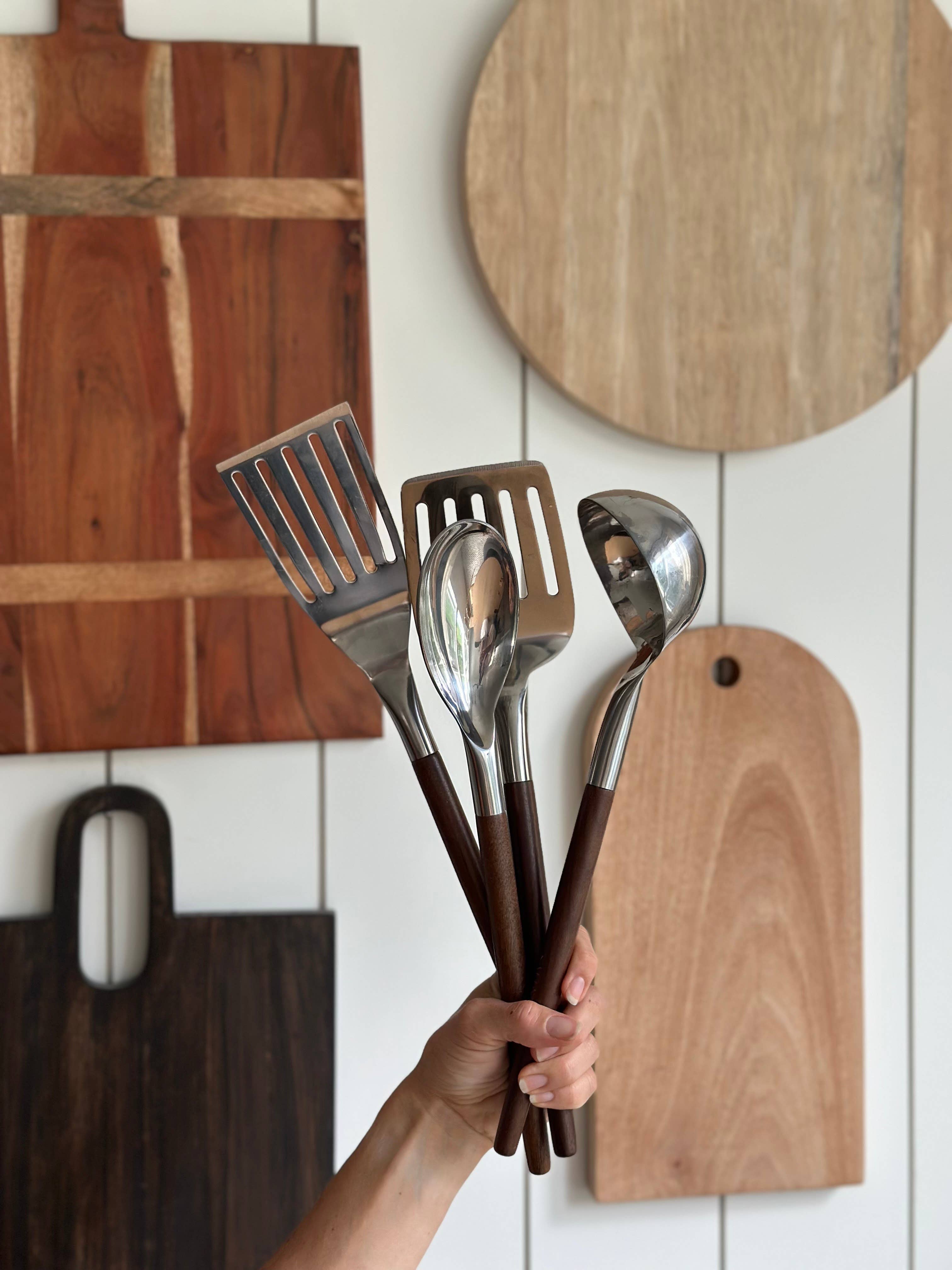 Salt & York - Wholesale Kitchen Utensil Set - 4 Piece Olive Wood or Walnut Wood Handle Utensil Set with St7