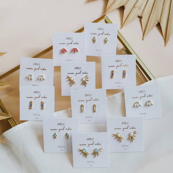 JaxKelly - Wholesale Stud/Post Earrings - Bar Opal - White - Gold Earrings