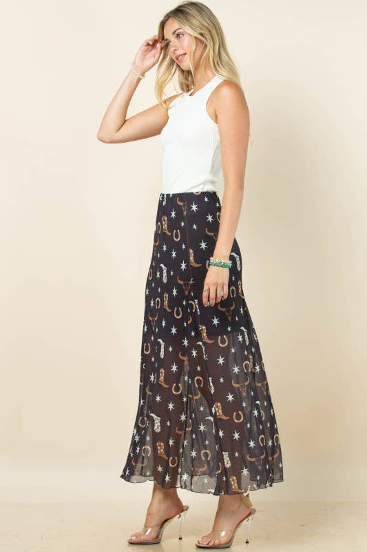 Svart/Khaki/Elfenben AS1300-DEMI VÄSTERLÄNDSKA ELEMENT TRYCKT FODRAD MAXI MESH KJOL för wholesale på Faire6