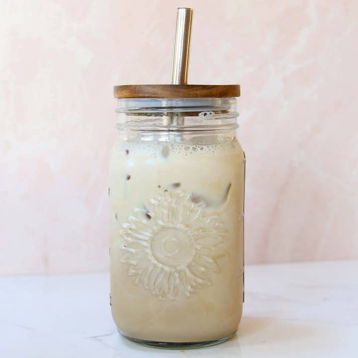 XL Sunflower Mason Jar Tumbler + Acacia Lid + Straw for wholesale by Forest Cove Home