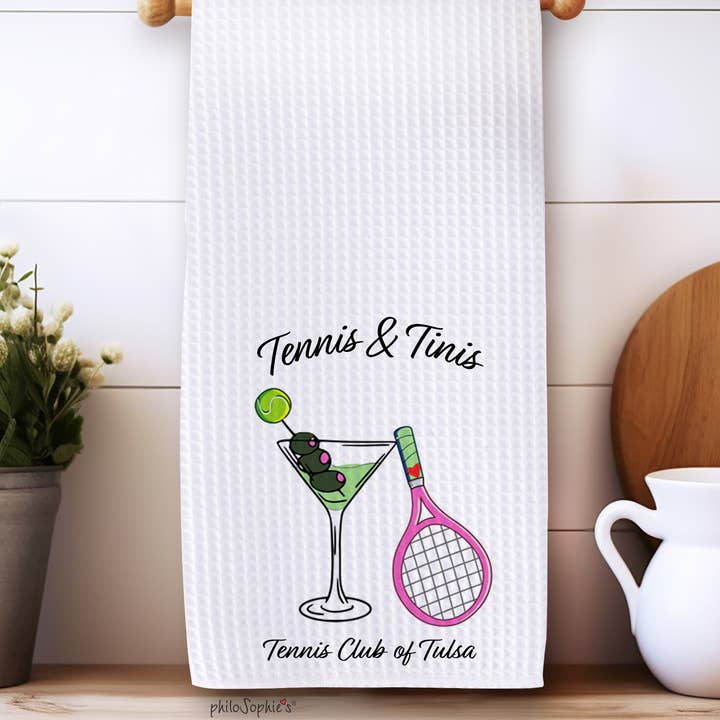Martinis & Tennis - Tea Towel, Name Drop for wholesale by philoSophie's Stationery & Gifts