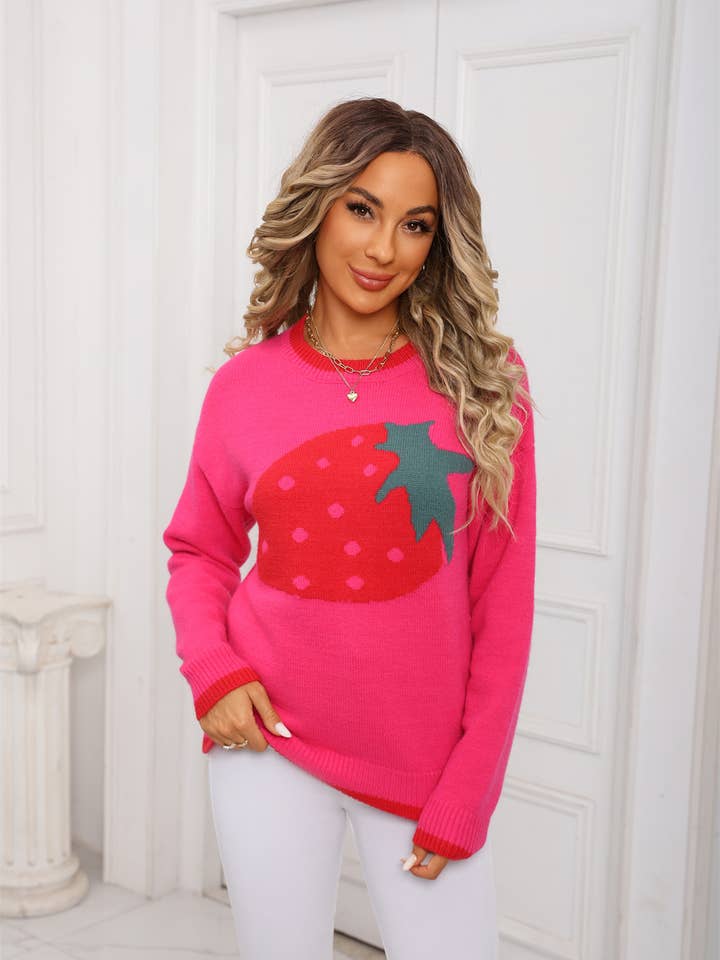 Hope & Sunshine - Wholesale Knit Sweater - Women's - Strawberry Graphic Pullover Sweater