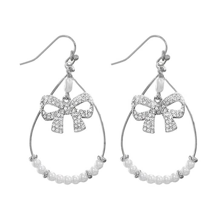 Silver Bow Pearl Teardrop Earrings - 28629WH-R for wholesale by Selini New York
