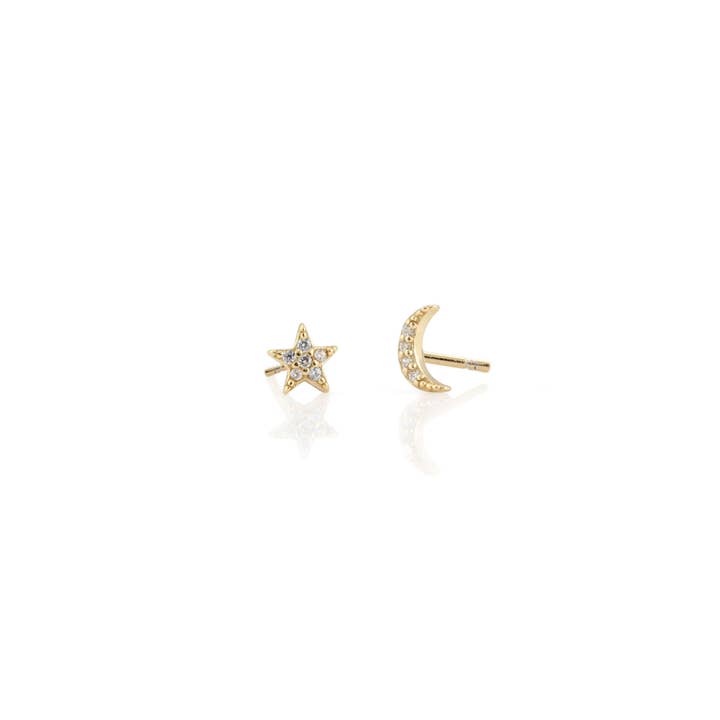 Star and Moon Crystal Stud Earrings 18K Gold Vermeil | Sterling Silver CZ Crystals Nickel Free Hypoallergenic Ships from CA for wholesale by Kris Nations