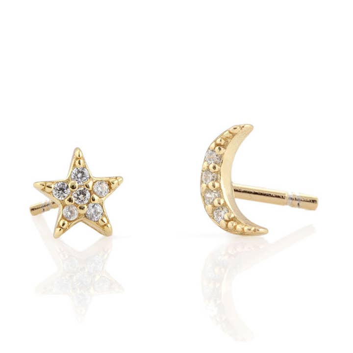 Star and Moon Crystal Stud Earrings 18K Gold Vermeil | Sterling Silver CZ Crystals Nickel Free Hypoallergenic Ships from CA for wholesale by Kris Nations