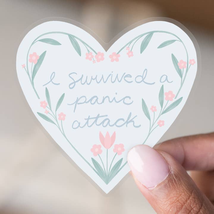 CLEAR "I Survived A Panic Attack" Heart Sticker | 3x2.9 in for wholesale by Ivory Paper Co