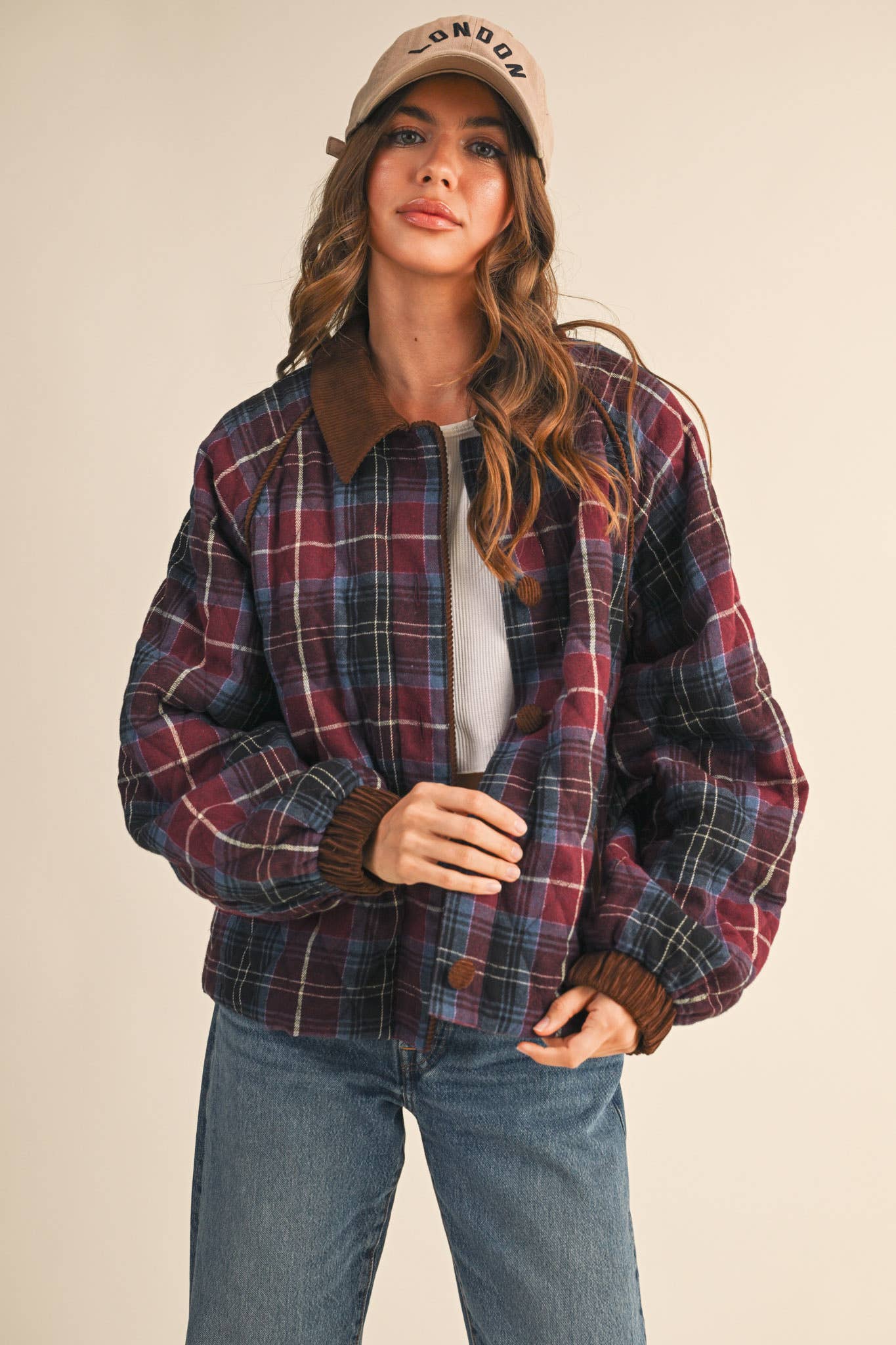 &MERCI - Wholesale Jacket - Women's - PLAID QUILTED JACKET WITH CONTRAST CORDUROY DETAIL MJK411527