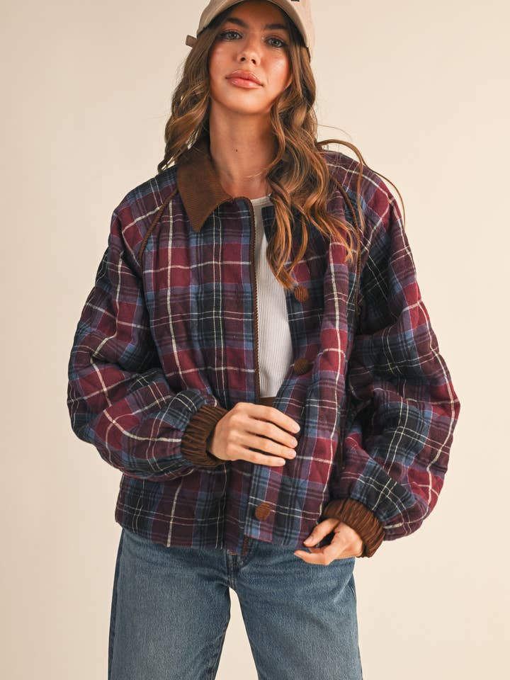 &MERCI - Wholesale Jacket - Women's - PLAID QUILTED JACKET WITH CONTRAST CORDUROY DETAIL MJK411527
