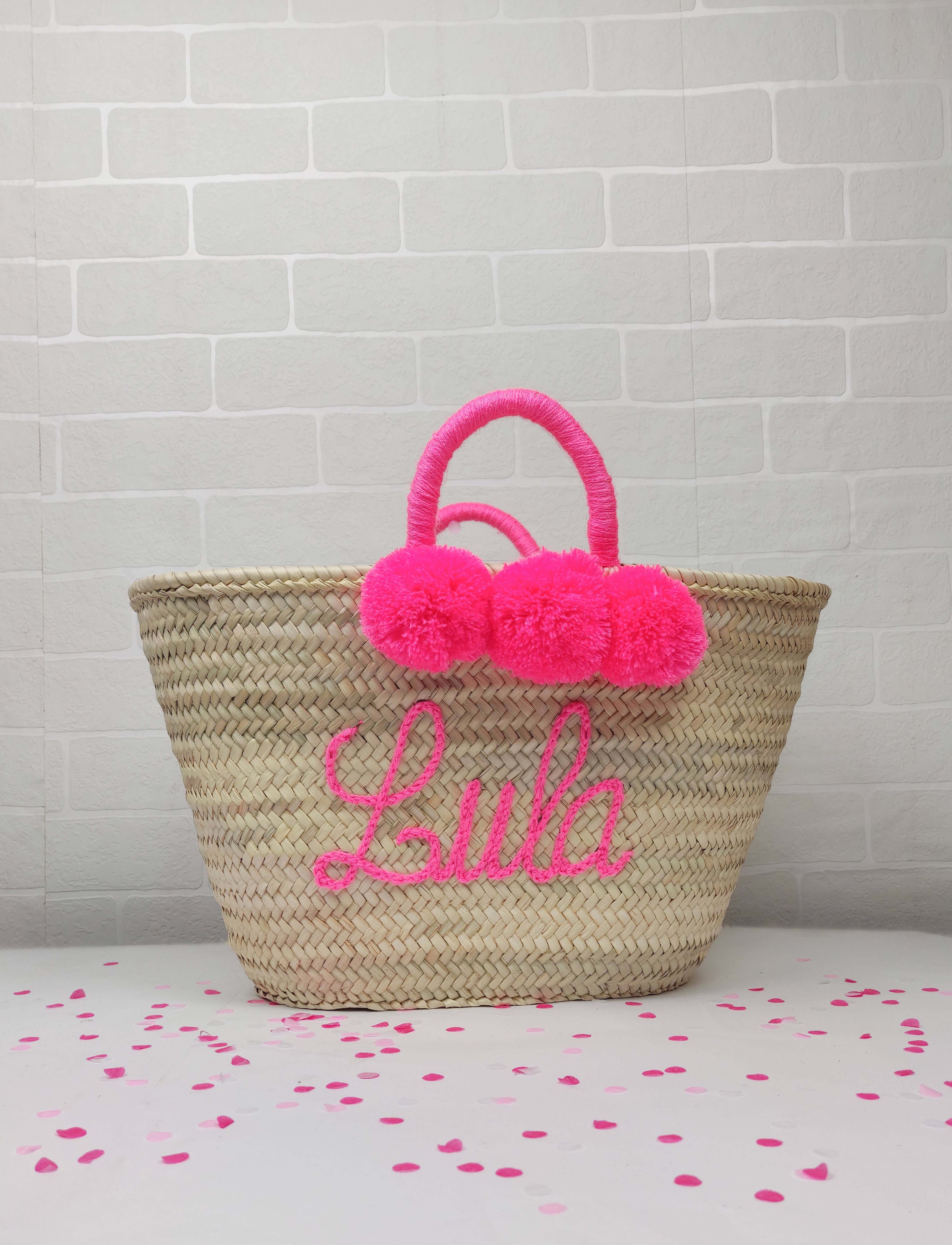 Large Basket Bag Pom Pom Hot Pink French Market Beach Fuchsia Tote Shopper  Straw | eBay