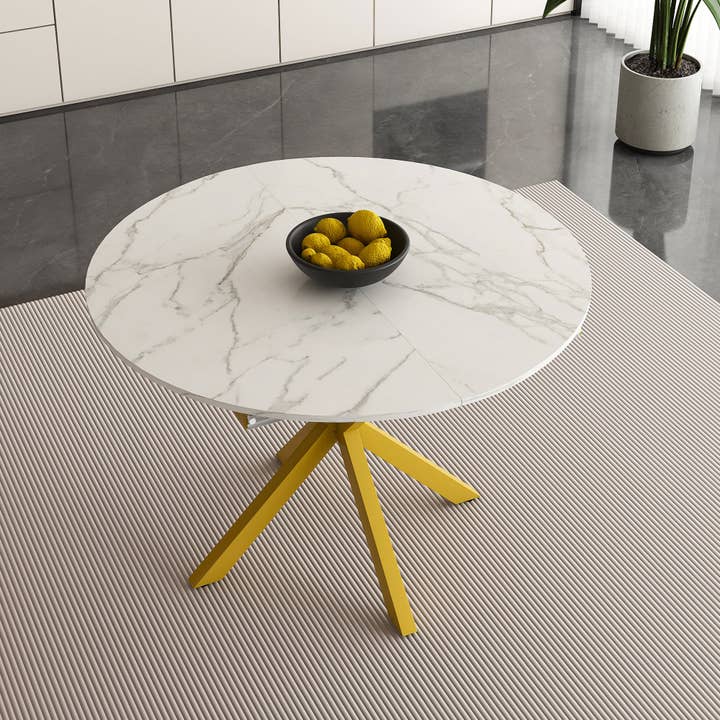 39F Inc. - Wholesale Side Table - Modern Round Dining Table with Extendable Blades, Carbon Steel X-Base, White Marble-Veined Top, MDF and Iron Construction, Fits 4-6 People10