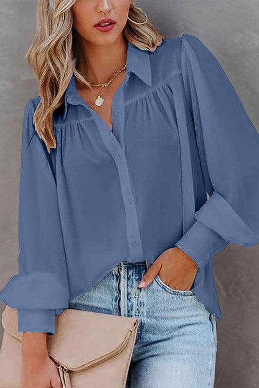 Aria Romance - Wholesale Blouse - Women's - Lantern Sleeve Pleated Collar Shirt10