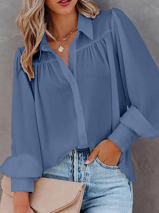 Aria Romance - Wholesale Blouse - Women's - Lantern Sleeve Pleated Collar Shirt10