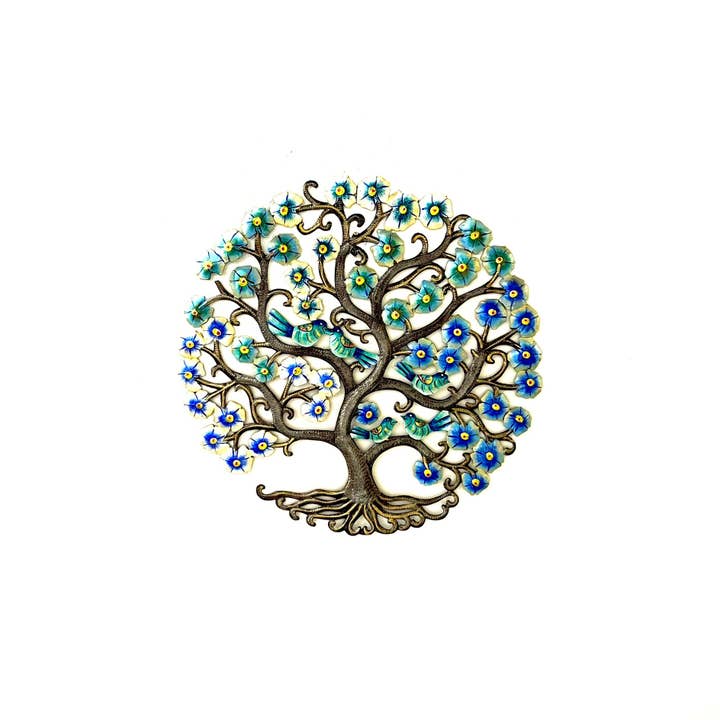 Arbre de vie moyen blanc/bleu/vert pour la vente par Haiti Fair Trade- Papillon Marketplace