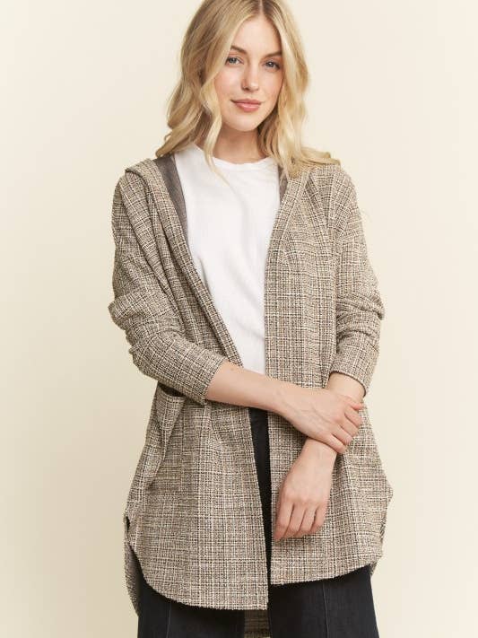 Black SJ1032-38 BOUCLE FABRIC HOODIE OPEN CARDIGAN for wholesale on Faire3