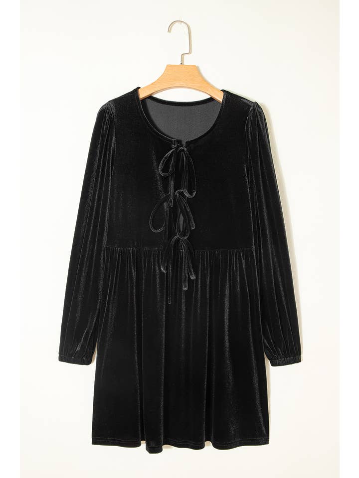 66DISCO - Wholesale Dress - Women's - Front Tie Velvet Bubble Sleeve Mini Dress (S-XL)4