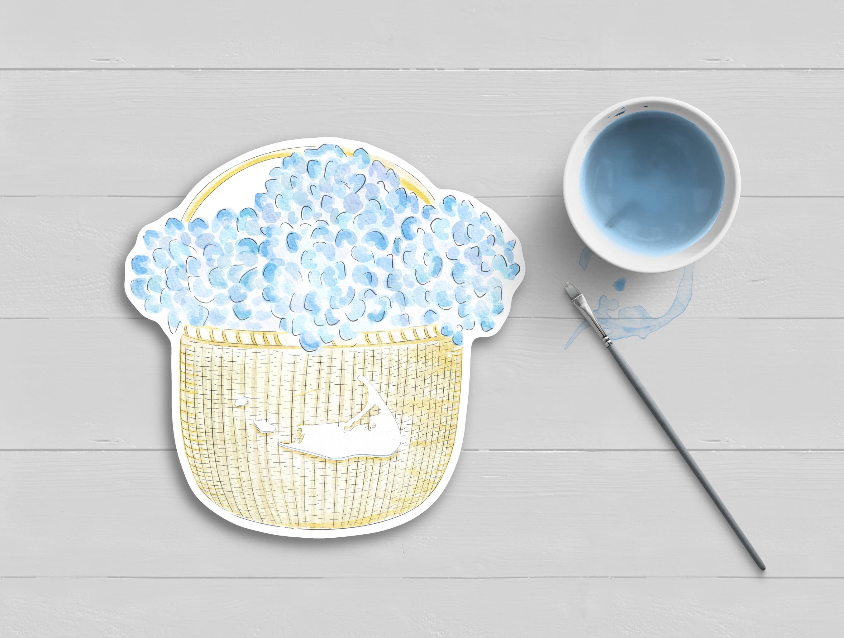 WonderfullyWrittenCo - Wholesale Sticker - Blue Hydrangea Nantucket Basket with Map Watercolor Sticker